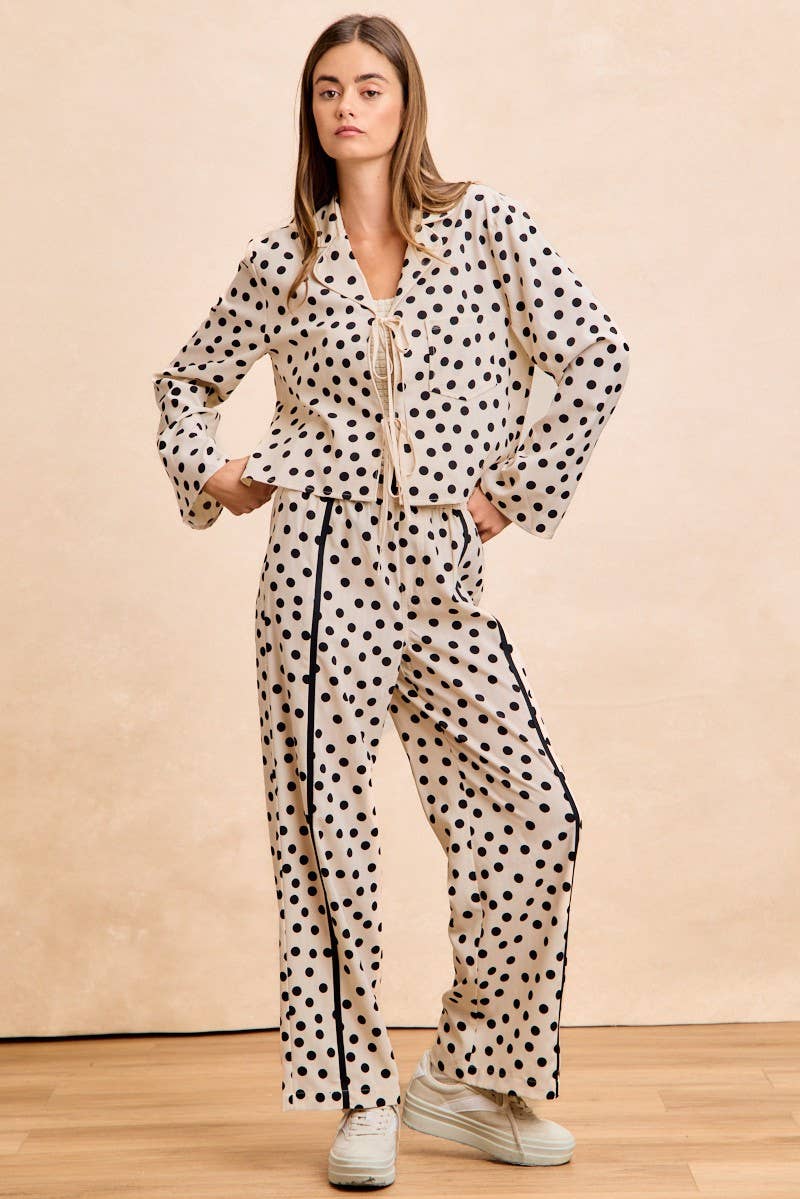 Polka Dot Front Binding Detail Straight Leg Pants: CREAM/BLACK / 2-2-2-2(S-M-L-XL)