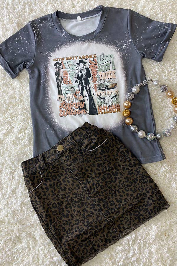 DLH2553 Leopard printed denim fabric girls skirts w/pocket: XXXL-7/8
