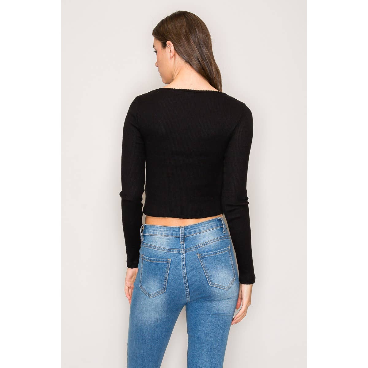 Square Neck Long Sleeve Top with Lace Trim: Black / S-M-L(2-2-2)