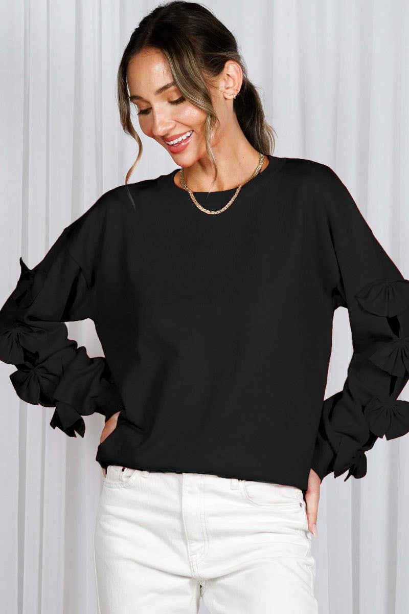 Bow Embellished Long-Sleeve Crew Neck Knit Sweater VT82605: Black / S