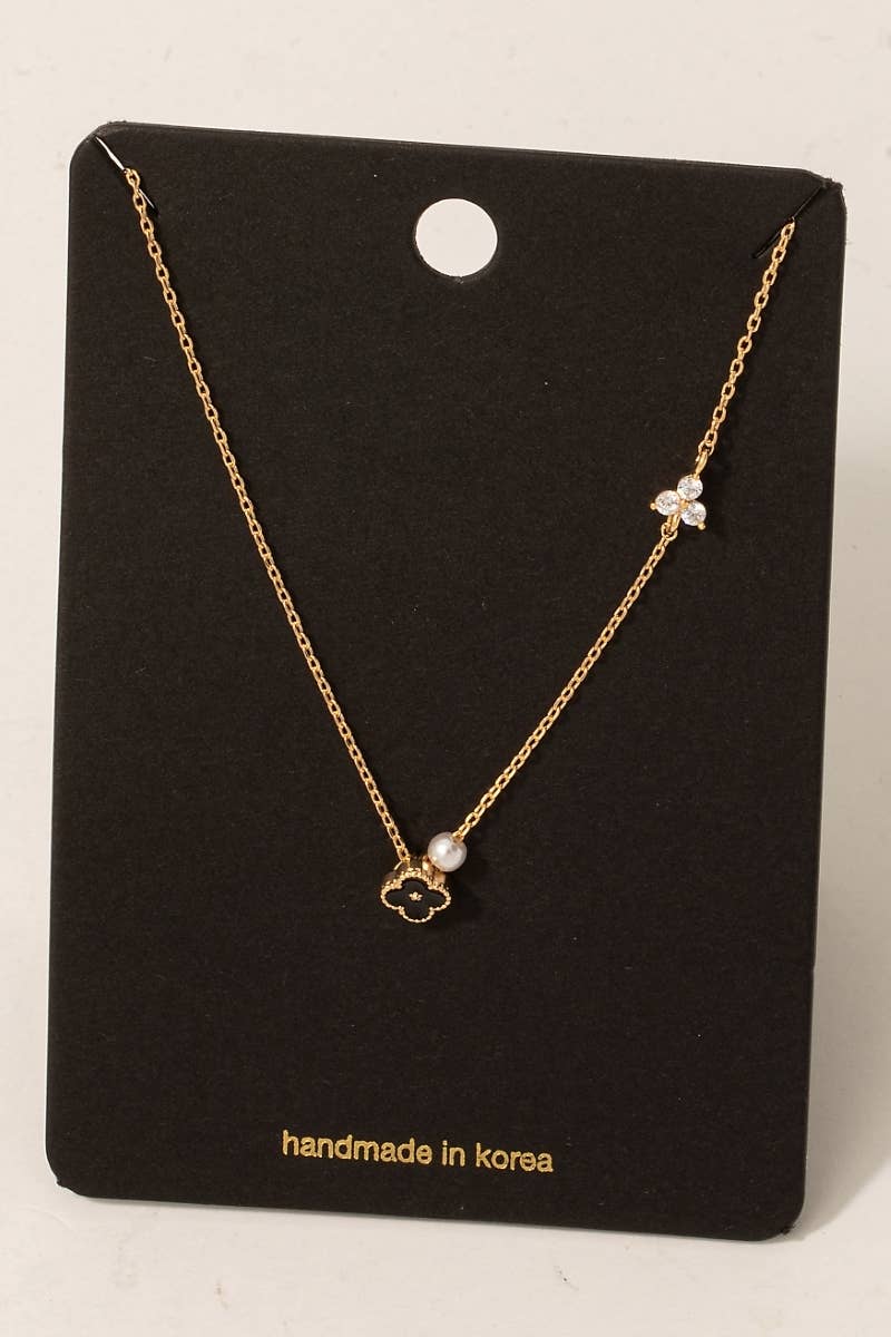 Enamel Clover Pearl And Stud Charms Chain Necklace: WH