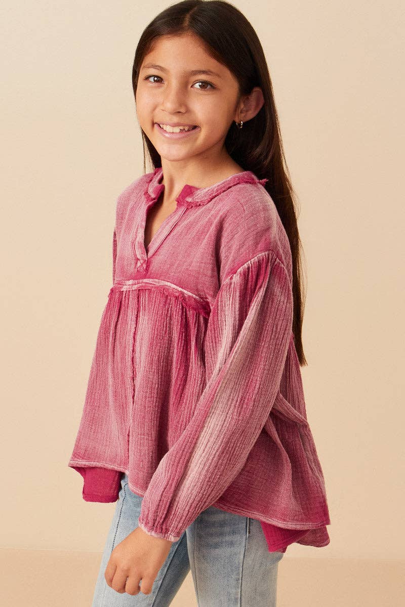Girls Washed Raw Edge Puff Sleeve Peplum Top - 4 Pack: Magenta / Pack