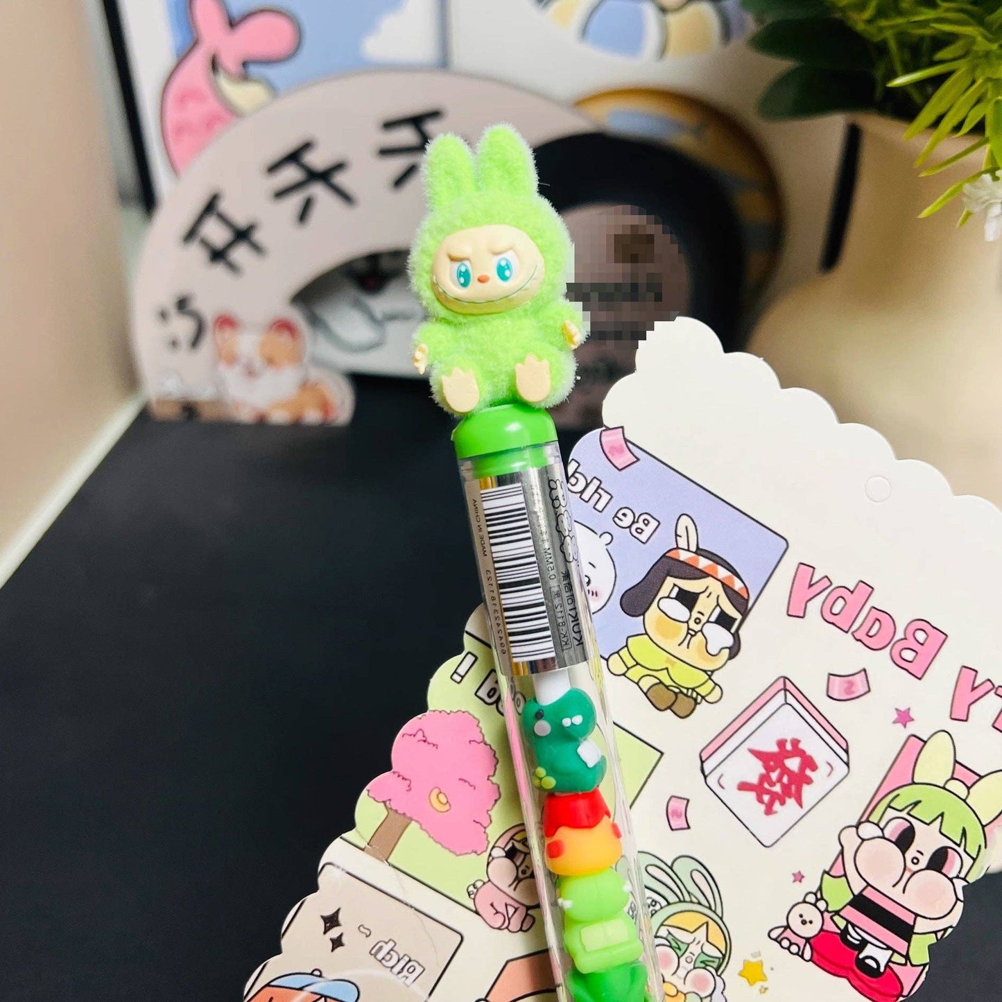 Labubu flocking deco gel pen cute student creative labubu pen: HOT PINK