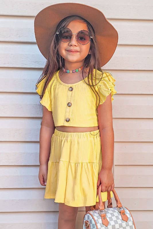 GKSS-AMY-3018B Girls 2 pc Ribbed Skirt Set: Yellow / L12/14