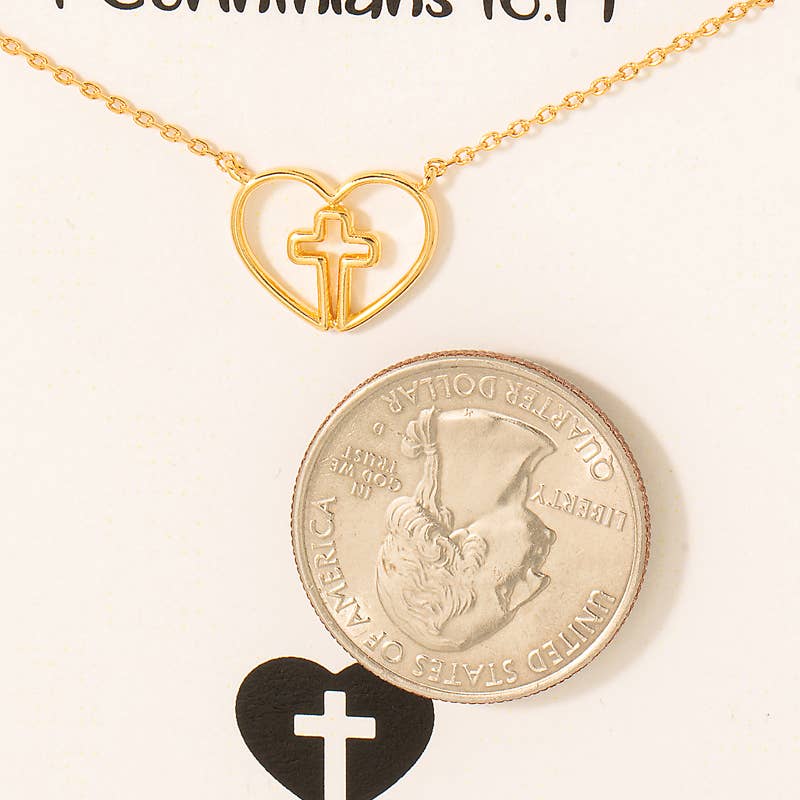 Gold Dipped Cross Heart Pendant Necklace: S