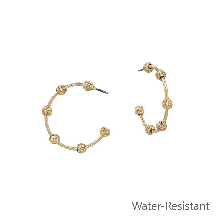 Water Resistant Gold Bar with Textured Gold Ball 1" Hoop Earring