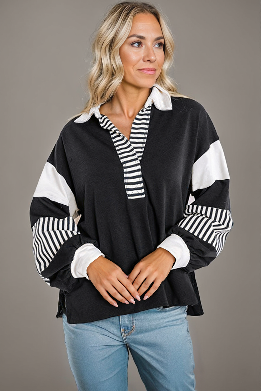 Multicolor * Colorblock Striped Collared Sweatshirt | S-2XL: Blue / Missy / XL