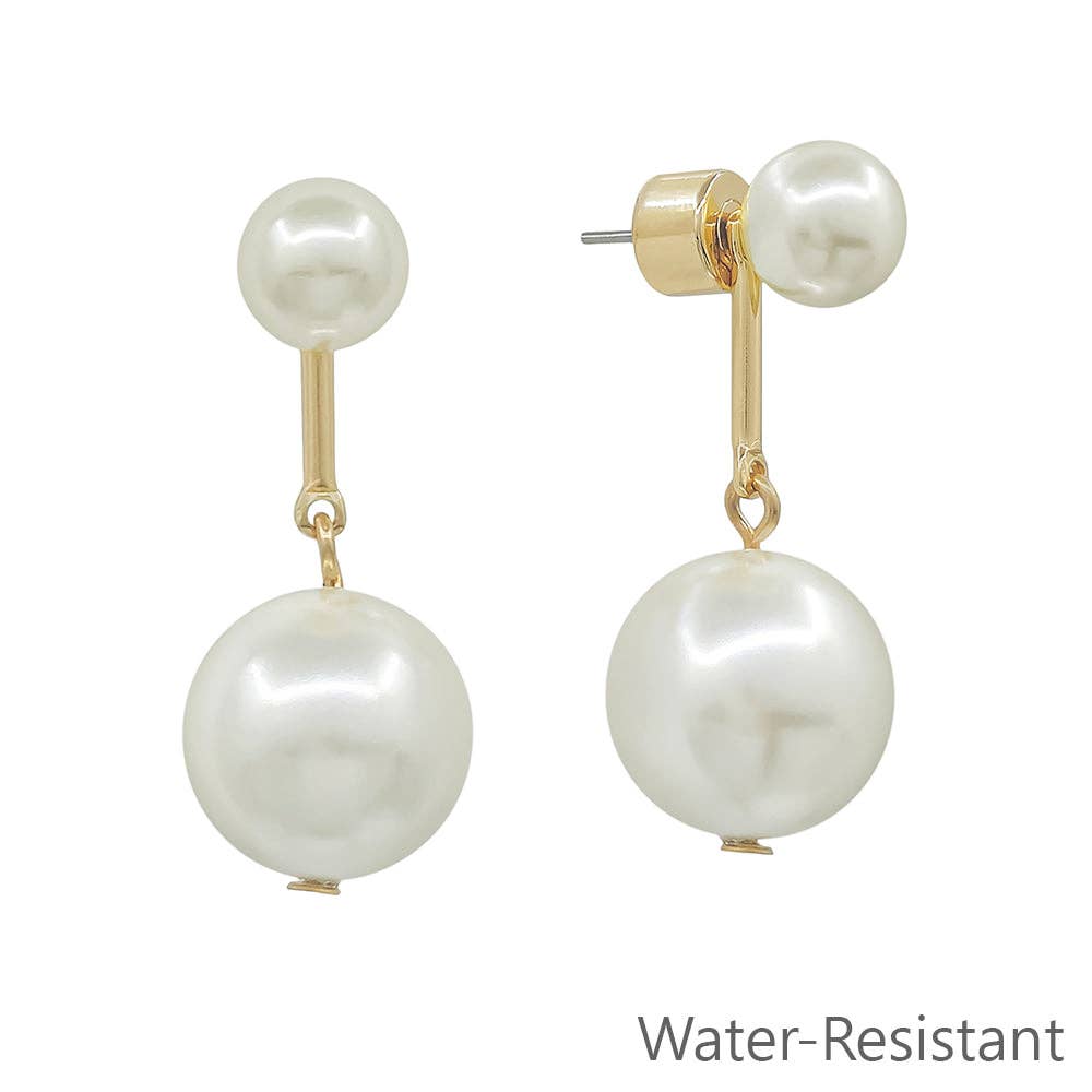 Water Resistant Gold Bar with Pearl 1.5" Drop Earring