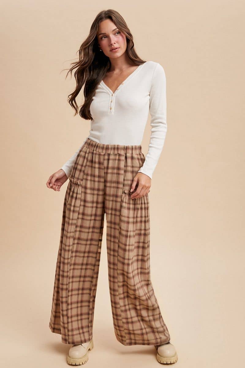 Plaid Crepe Woven Flare Pants: LATTE / 2-2-2-2(S-M-L-XL)