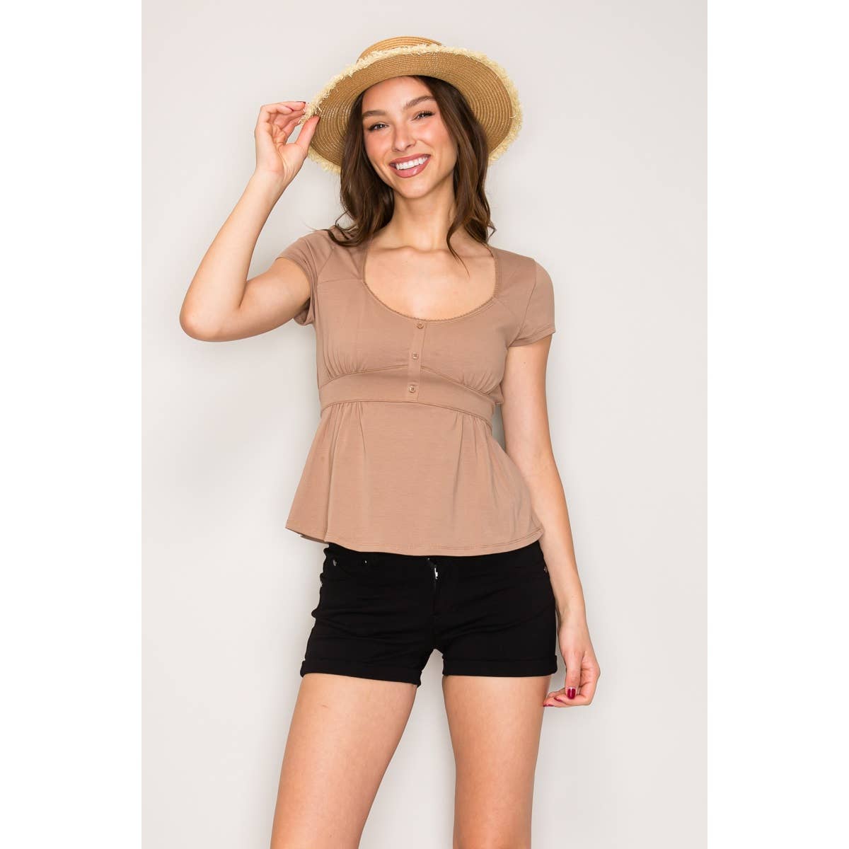 Square Neck Cap Sleeve Babydoll Top: Red / S-M-L(2-2-2)