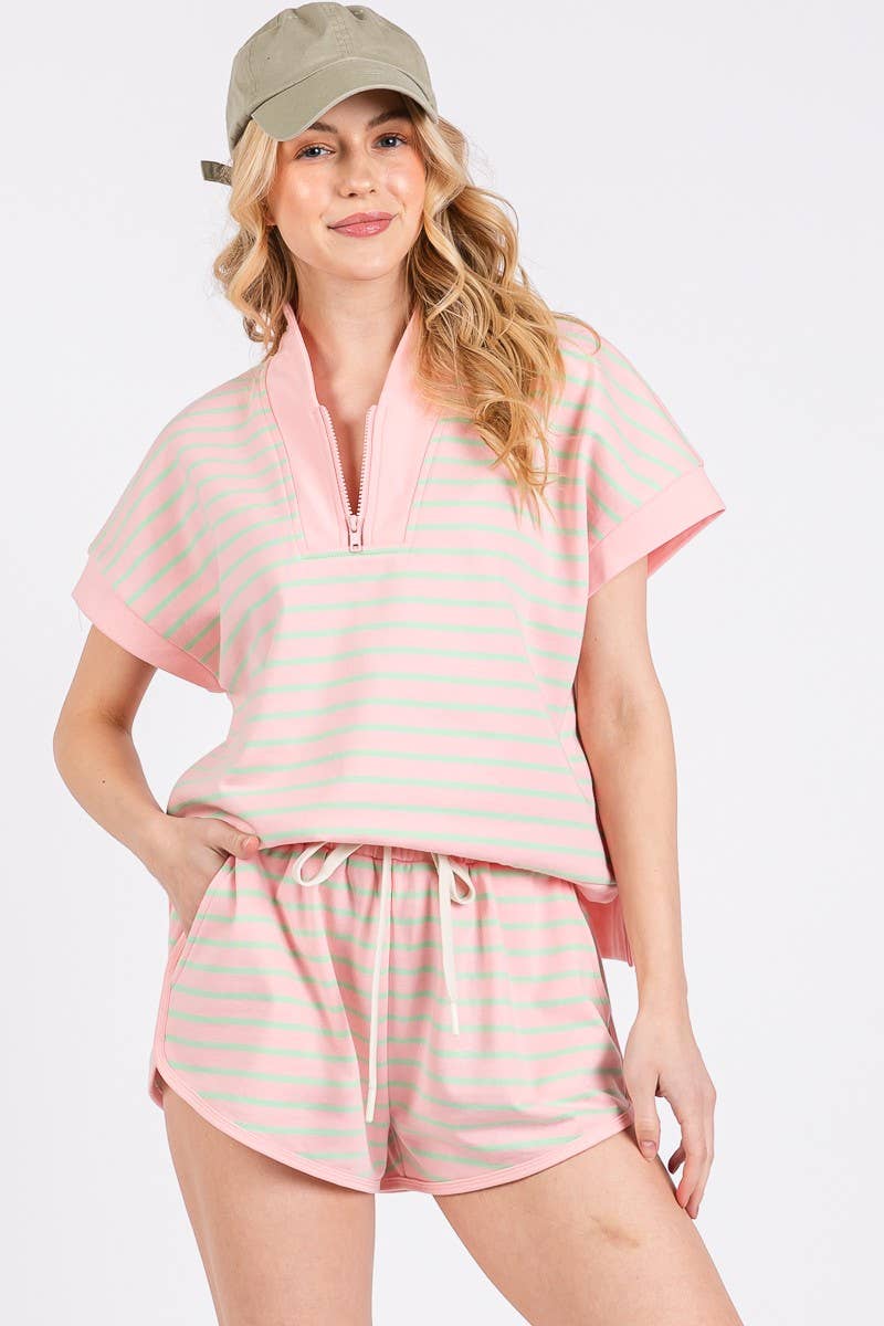 HALF ZIP UP STRIPED TOP AND SHORTS SETS : BLUE/PINK / S