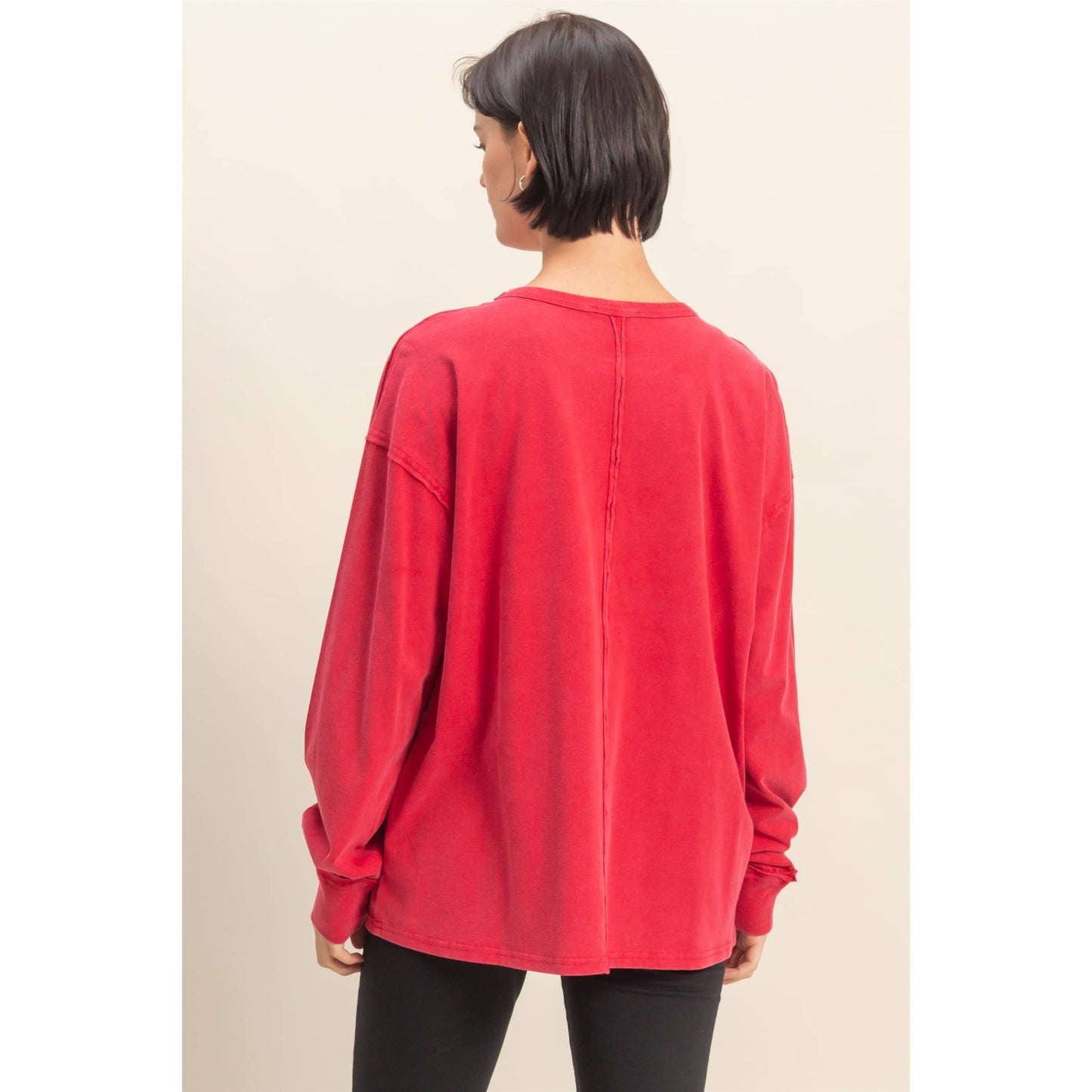 Oversized Washed Long Sleeve Pocket Tee: BLACK / S-M-L(2-2-2)