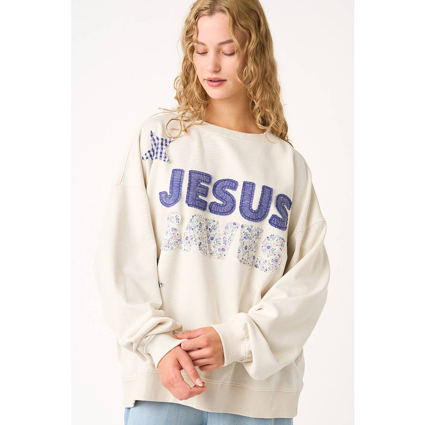 JESUS SAVES PATCHWORK CREW NECK SWEATSHIRT: ICY PINK / S-M-L(2-2-2)