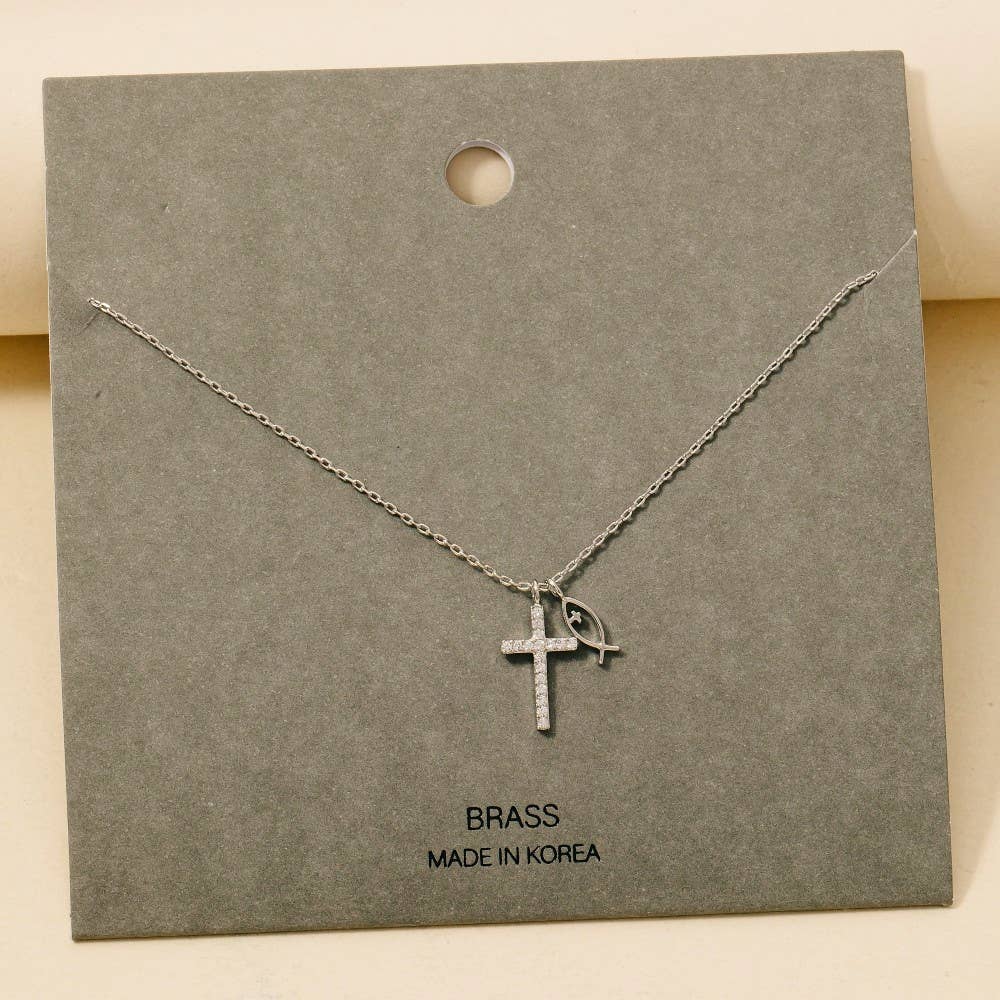 Pave Cross And Fish Charms Chain Necklace: GDCRY