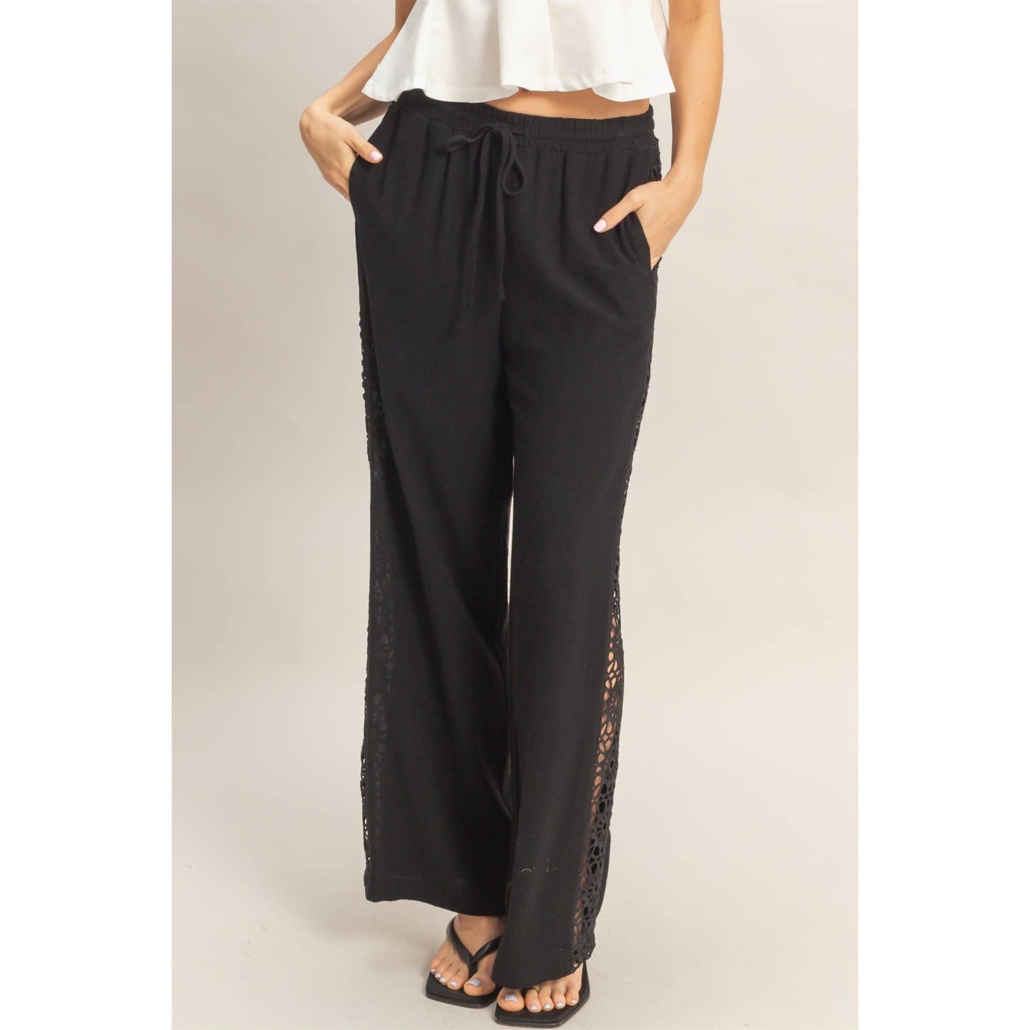 Lace Trim Wide Leg Pants: TERACOTTA / S-M-L(2-2-2)
