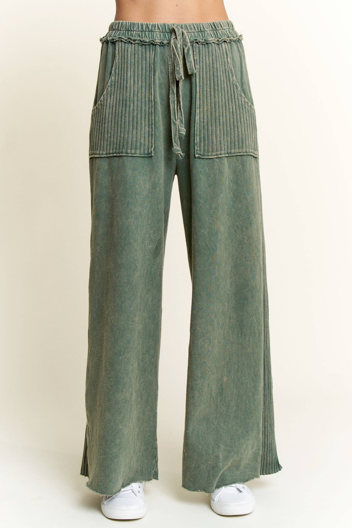 Mineral Wash Side Knit detail wide leg pants HE5878P..: Olive / S-M-L / 2-2-2