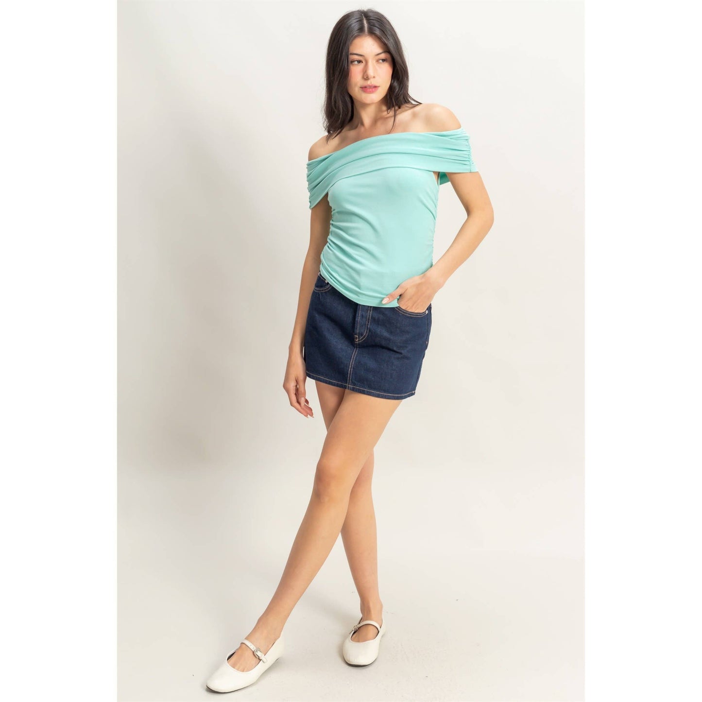 Off-The-Shoulder Side Ruched Top: RED / S-M-L(2-2-2)