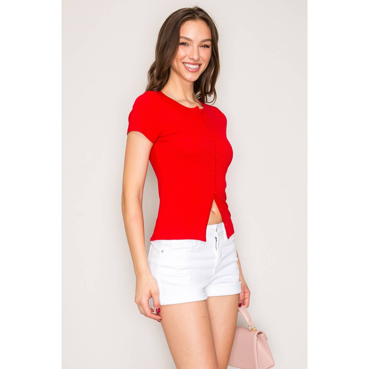 Button Down Short Sleeve Rib Top: Red / S-M-L(2-2-2)