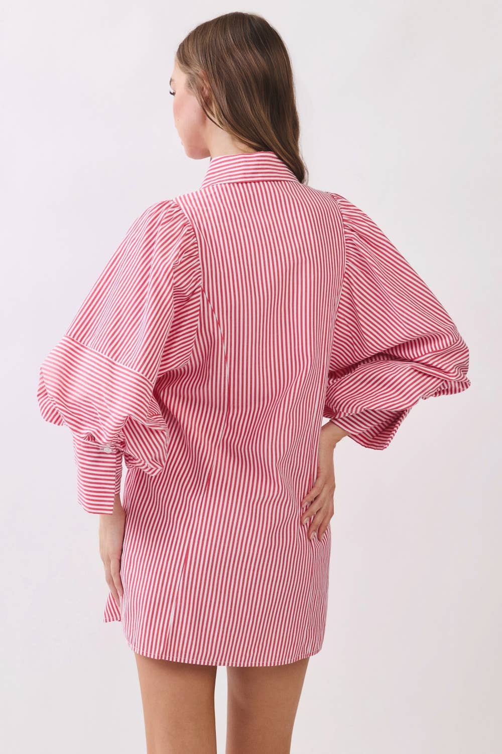 Statement Sleeve Mini Shirt Dress REMI245-S : PINK STRIPE / M