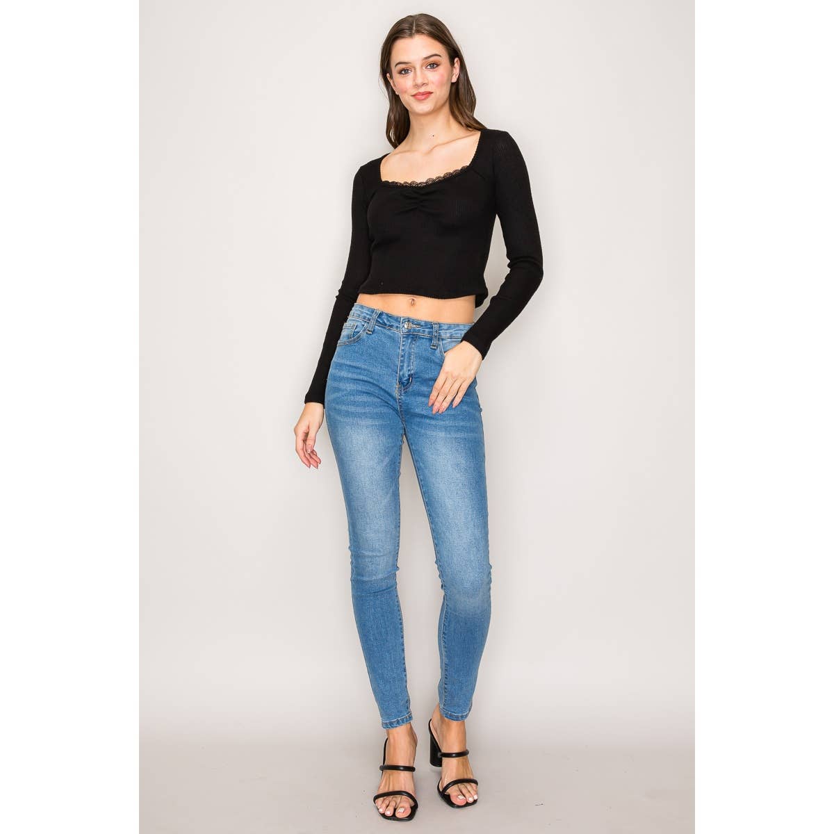 Square Neck Long Sleeve Top with Lace Trim: Black / S-M-L(2-2-2)