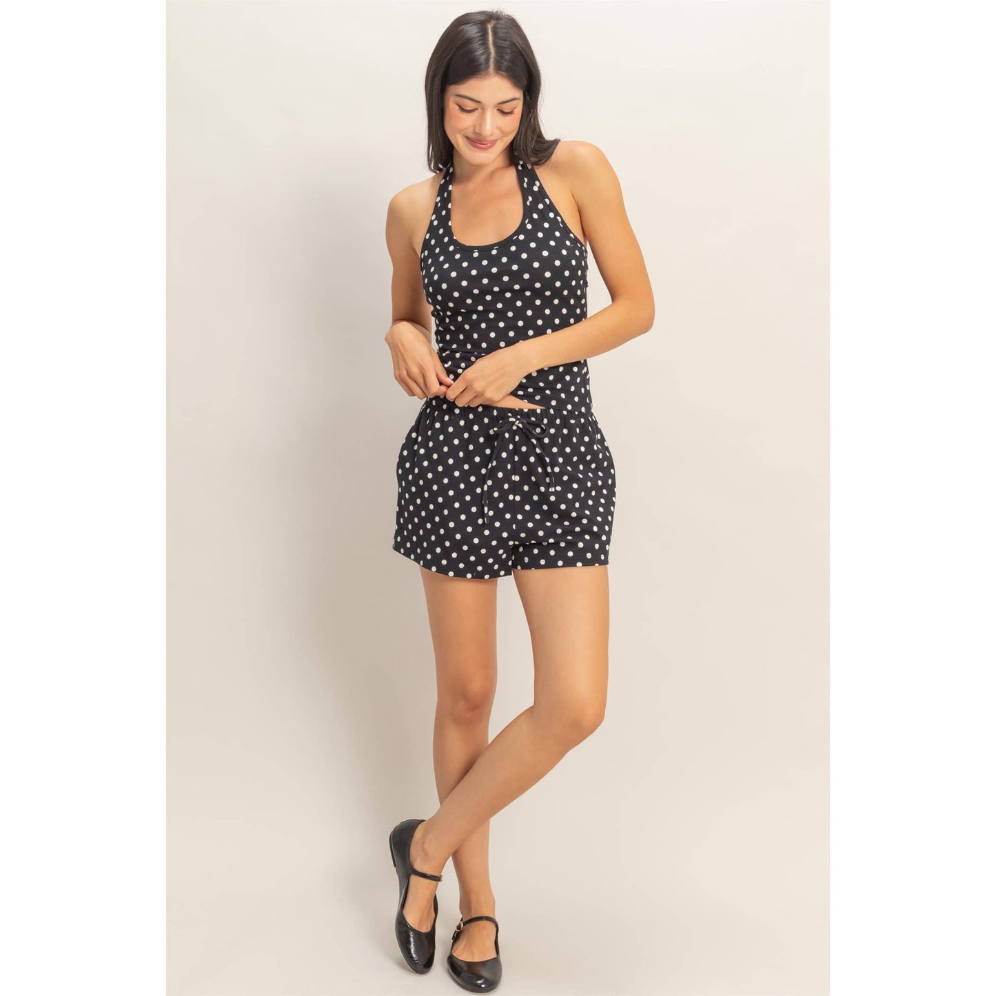 Polka Dot Drawstring Shorts: BROWN / S-M-L(2-2-2)