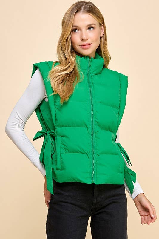 CV1231-Zipper Front Puffer Vest: KELLY GREEN / S