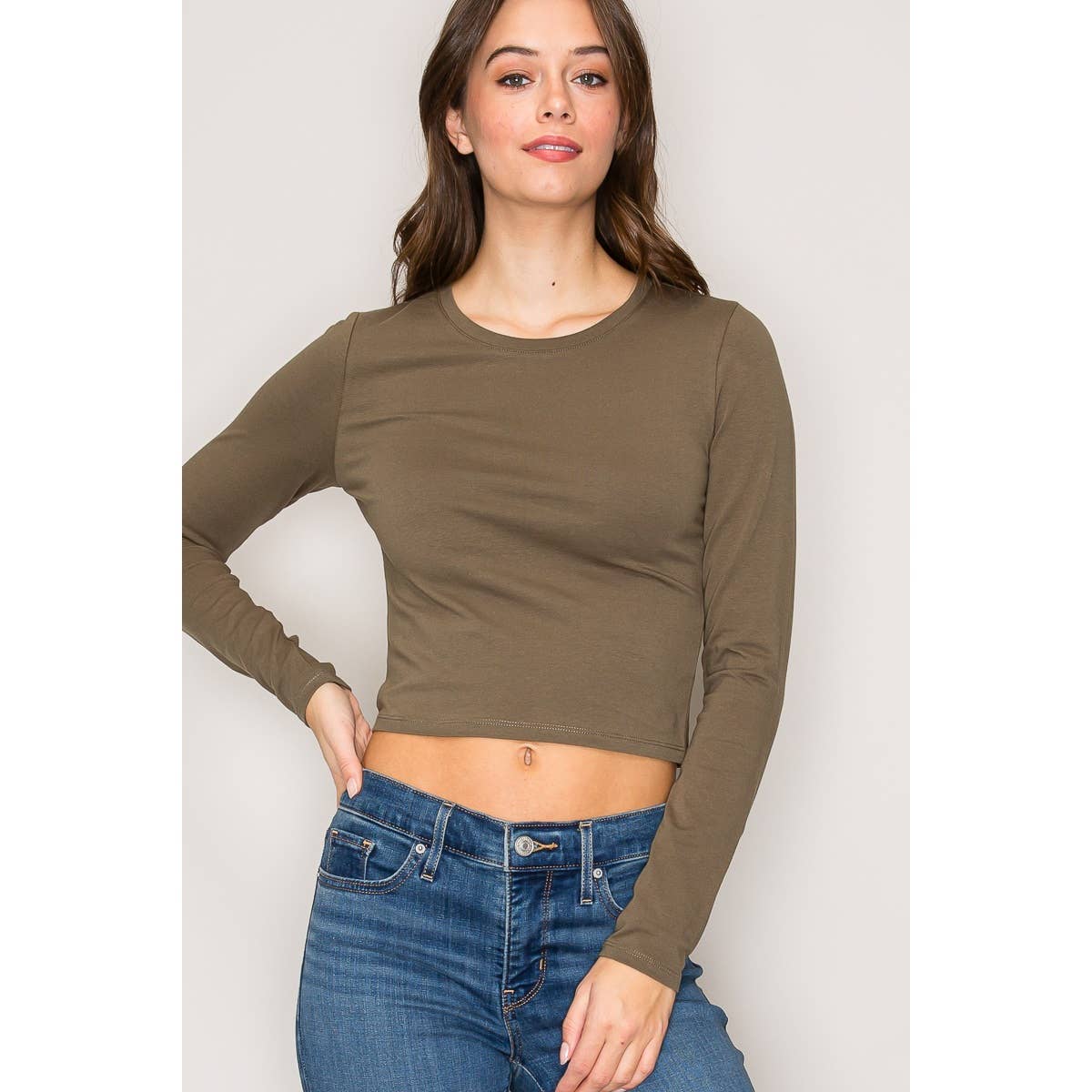 Crew Neck Long Sleeve Crop Top: Black / S-M-L(2-2-2)