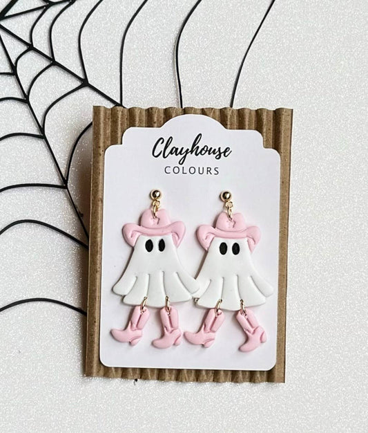 Cowboy Ghost Halloween Earrings : Stainless Steel / Pink/Pink Boots