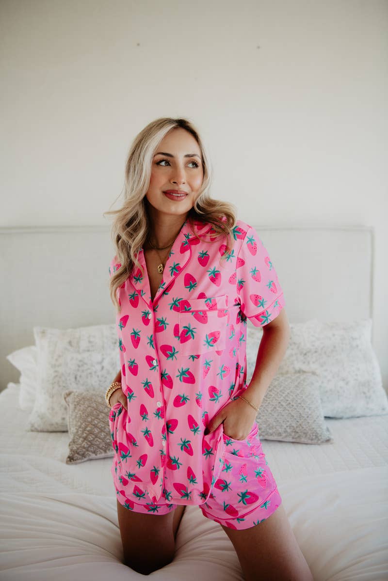 Pink Strawberry Print Pajama Sets for Women: Pink / L