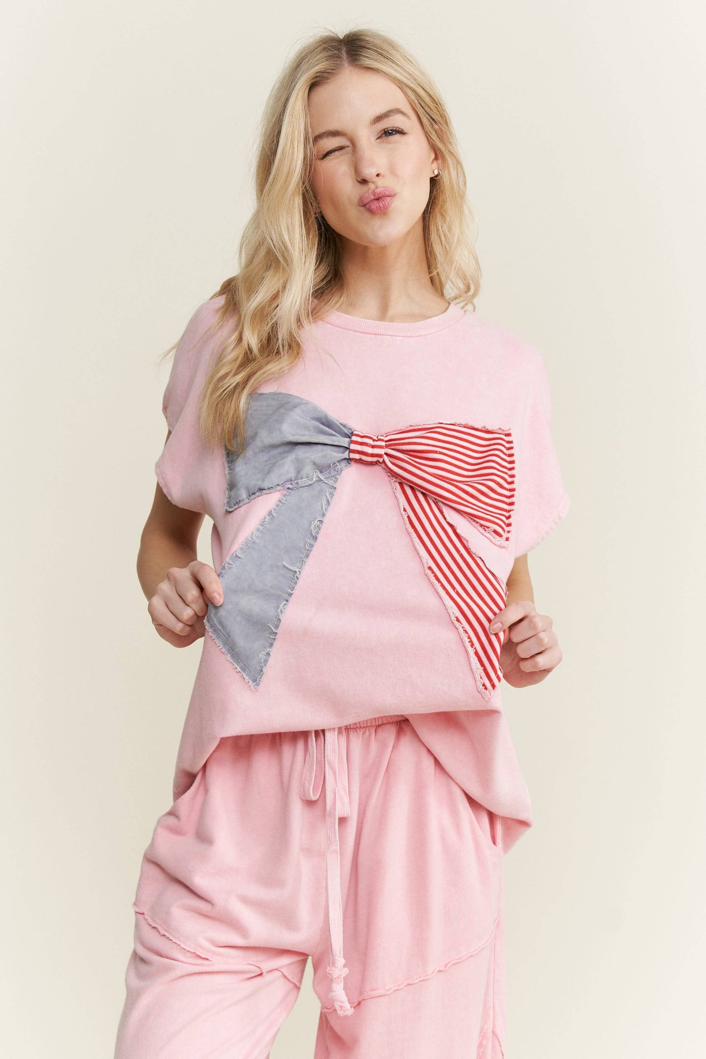 MineralWashed Americana Bow Sleeveless Blouse top HT5647P2: Cobalt