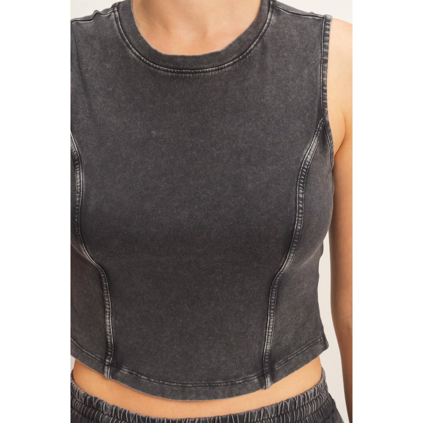 Mineral Washed Sleeveless Top & Wide Leg Pants Set: BLACK / S-M-L(2-2-2)