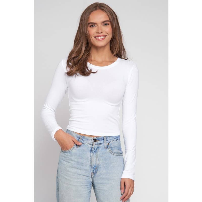 Crew Neck Long Sleeve Cotton Cropped Knit Top: Chili Oil / S-M-L(2-2-2)
