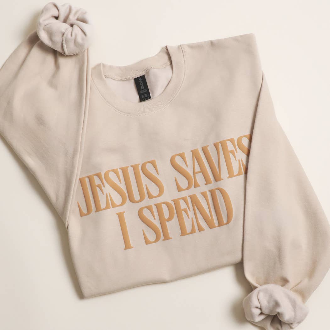 JESUS SAVES I SPEND PUFF MIDWEIGHT Sweatshirt: LIGHT PINK / S