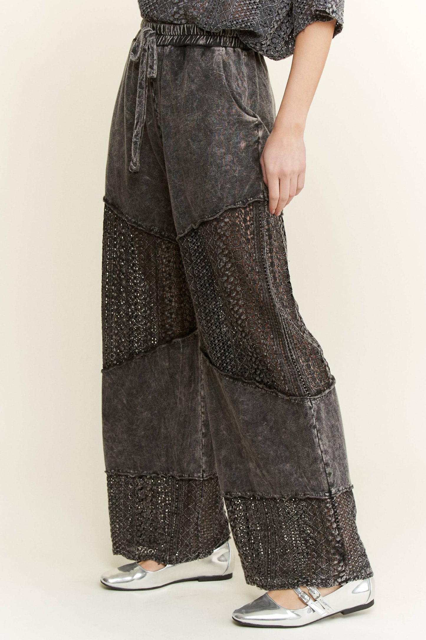 Mineral Washed Lace See through Breezy pants HP6335.: Silver Grey / S-M-L / 2-2-2