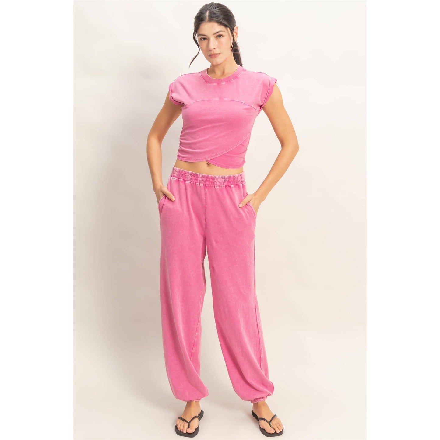 Rolled Sleeve Wrap-Front Crop Top And Jogger Set: DARK TEAL / S-M-L(2-2-2)