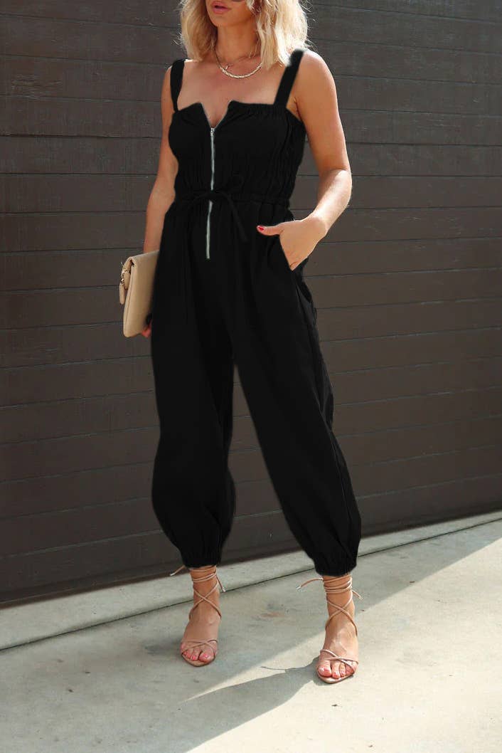Casual Pockets Cinched Waist Leggings Jumpsuit: DarkGray / L
