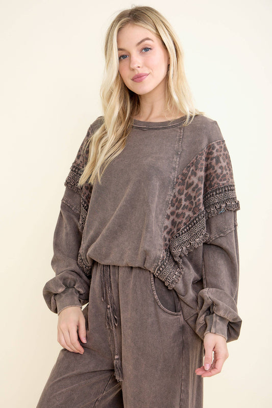 Mineral Washed Cheetah Leopard Fringe tassel top HT6722: Ash Oak / S-M-L / 2-2-2