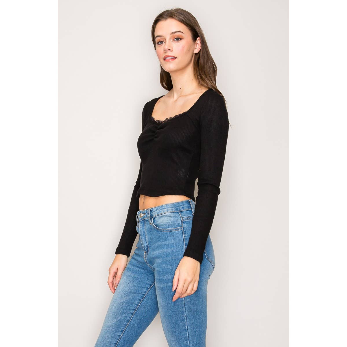 Square Neck Long Sleeve Top with Lace Trim: Black / S-M-L(2-2-2)