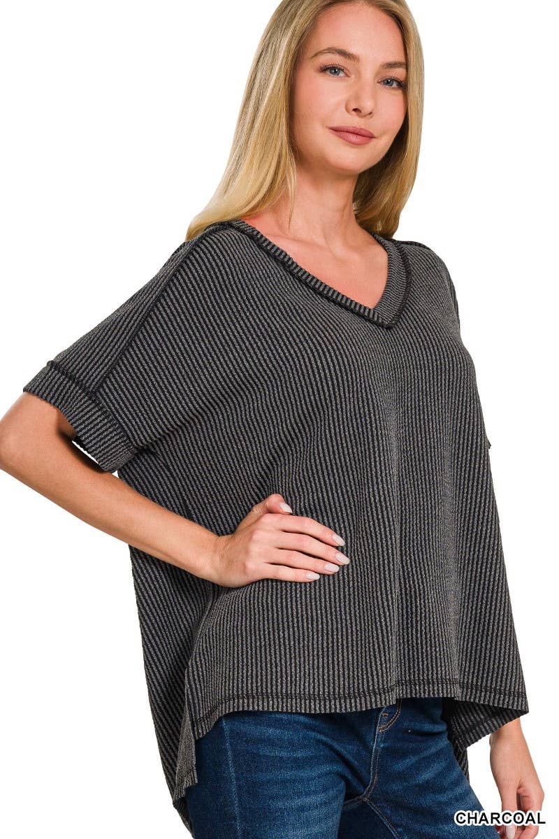 Raised Rib Short Sleeve Hi-low V Neck Top: RUBY / 3-3(S/M-L/XL)