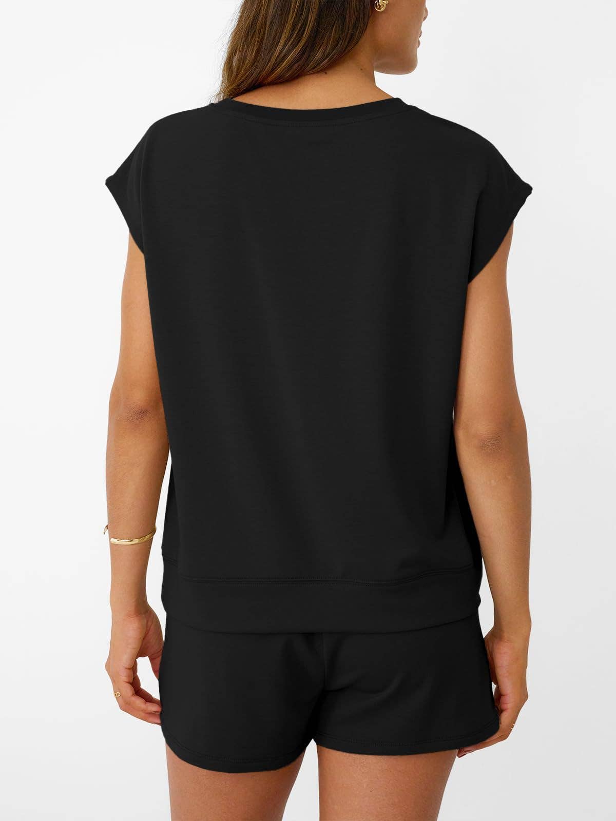 Womens Black Lounge Set Cap Sleeve Top and Shorts: Rose Red / 65%Polyester+30%Viscose+5%Elastane / S