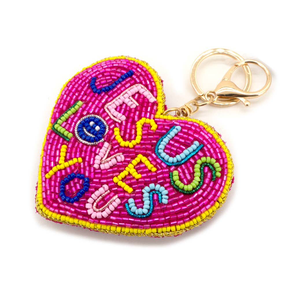 SEED BEAD JESUS LOVES YOU HEART BAG CHARM KEYCHAIN, 19 2133: PK