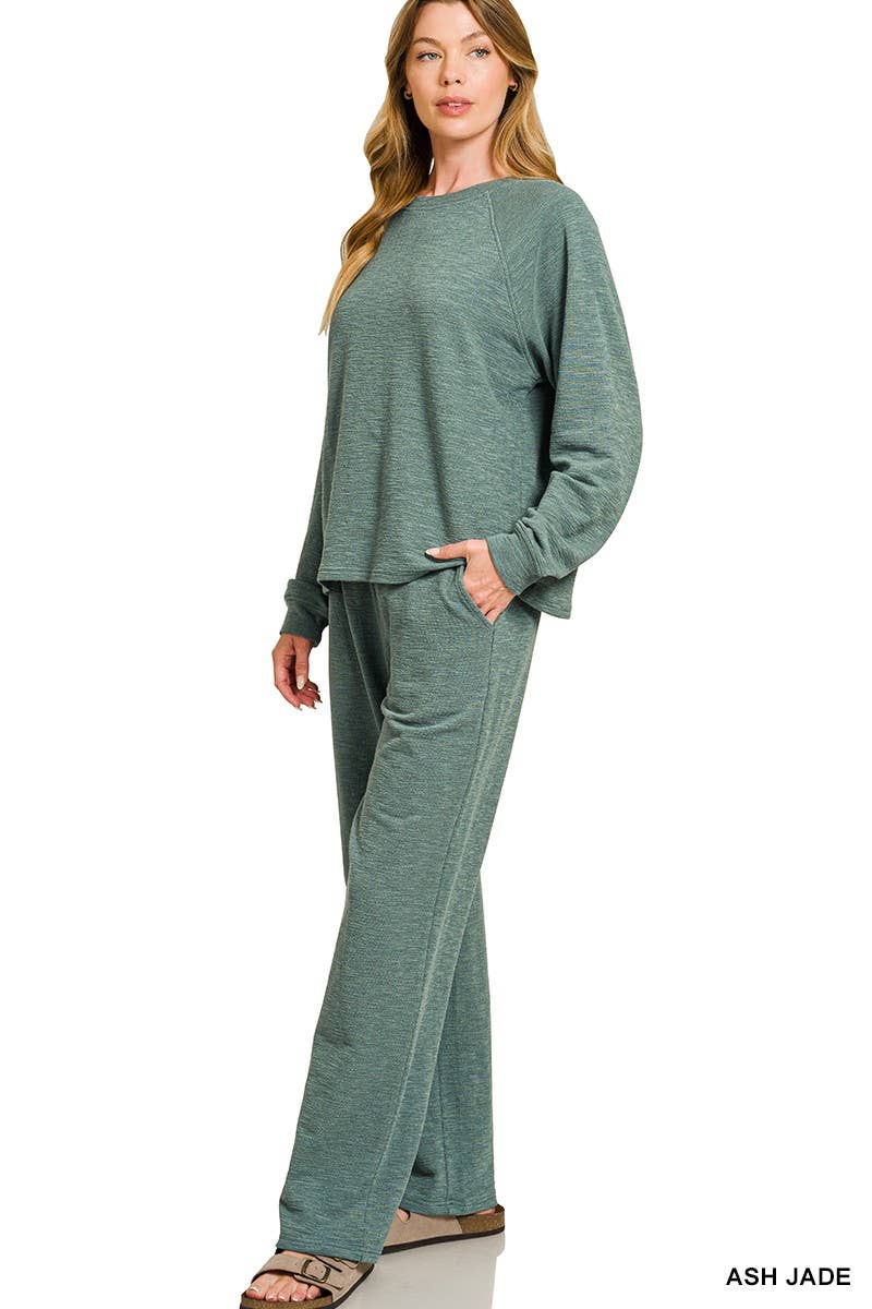 Slub Long Sleeve Top And Pants 2pcs Set: HUNTER GREEN / 1-1-1(S-M-L)