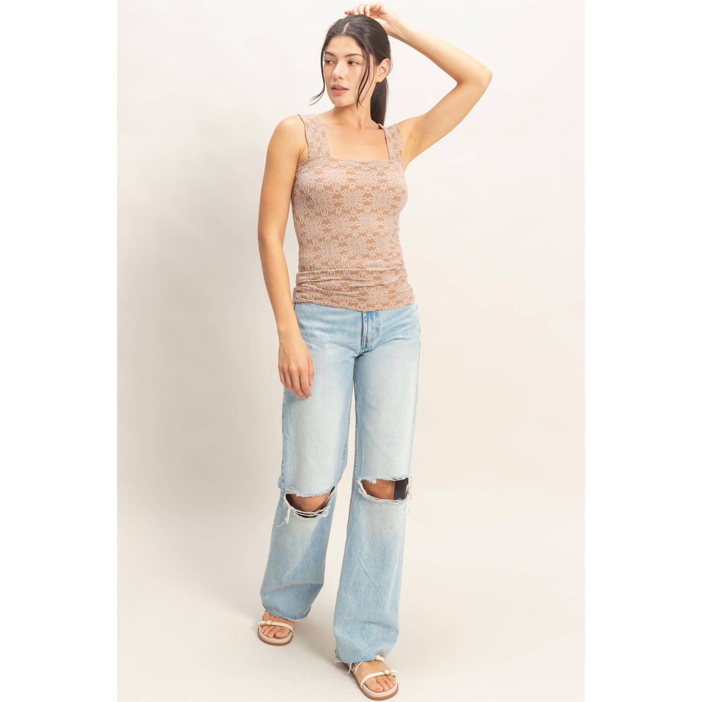 Floral Jacquard Square Neck Top: WHITE / S-M-L(2-2-2)