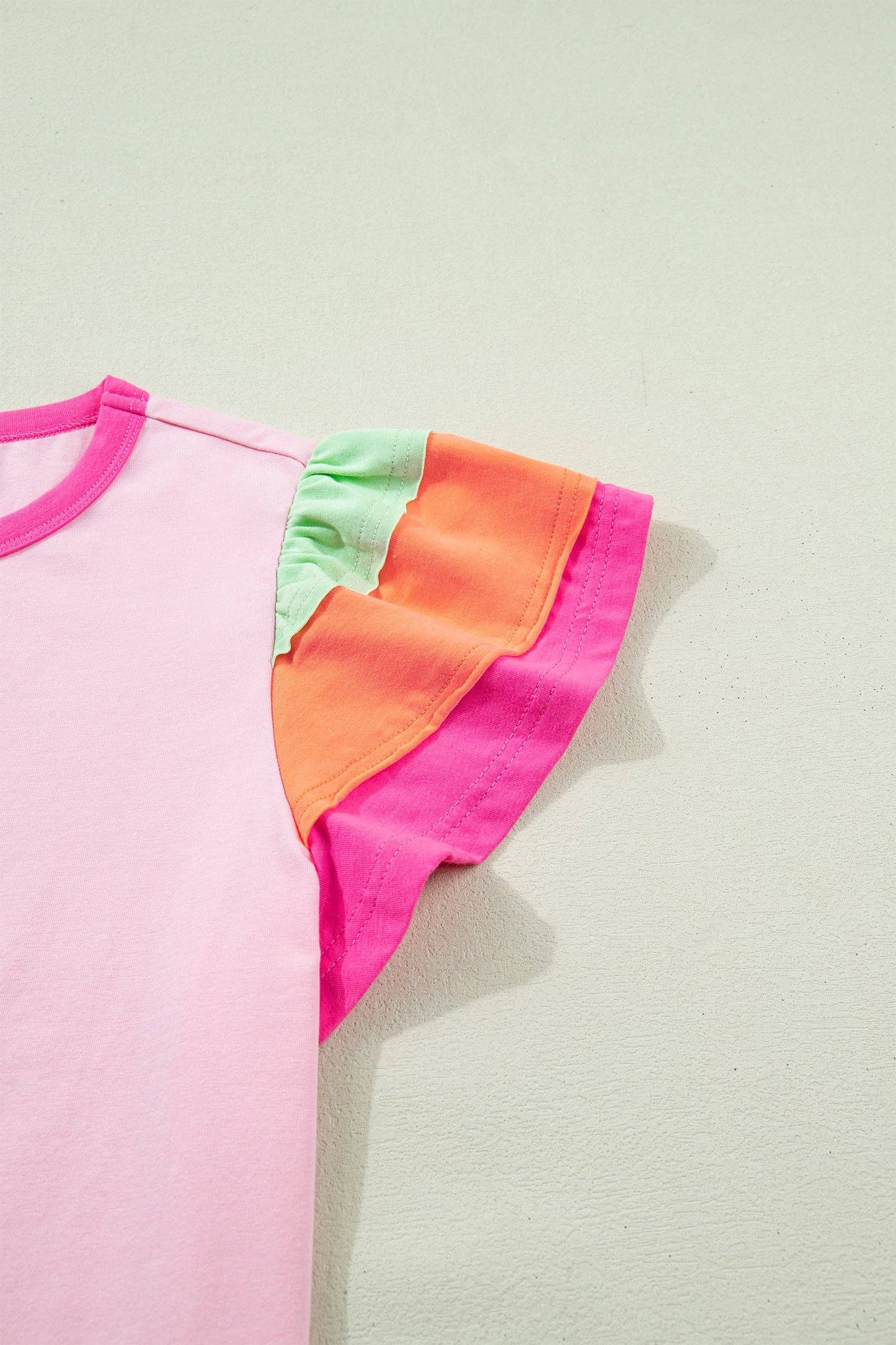 Pink Colorblock Flutter Sleeve Round Neck T Shirt: Pink / 95%Cotton+5%Elastane / L