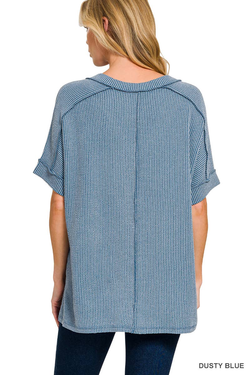 Raised Rib Short Sleeve Hi-low V Neck Top: RUBY / 3-3(S/M-L/XL)