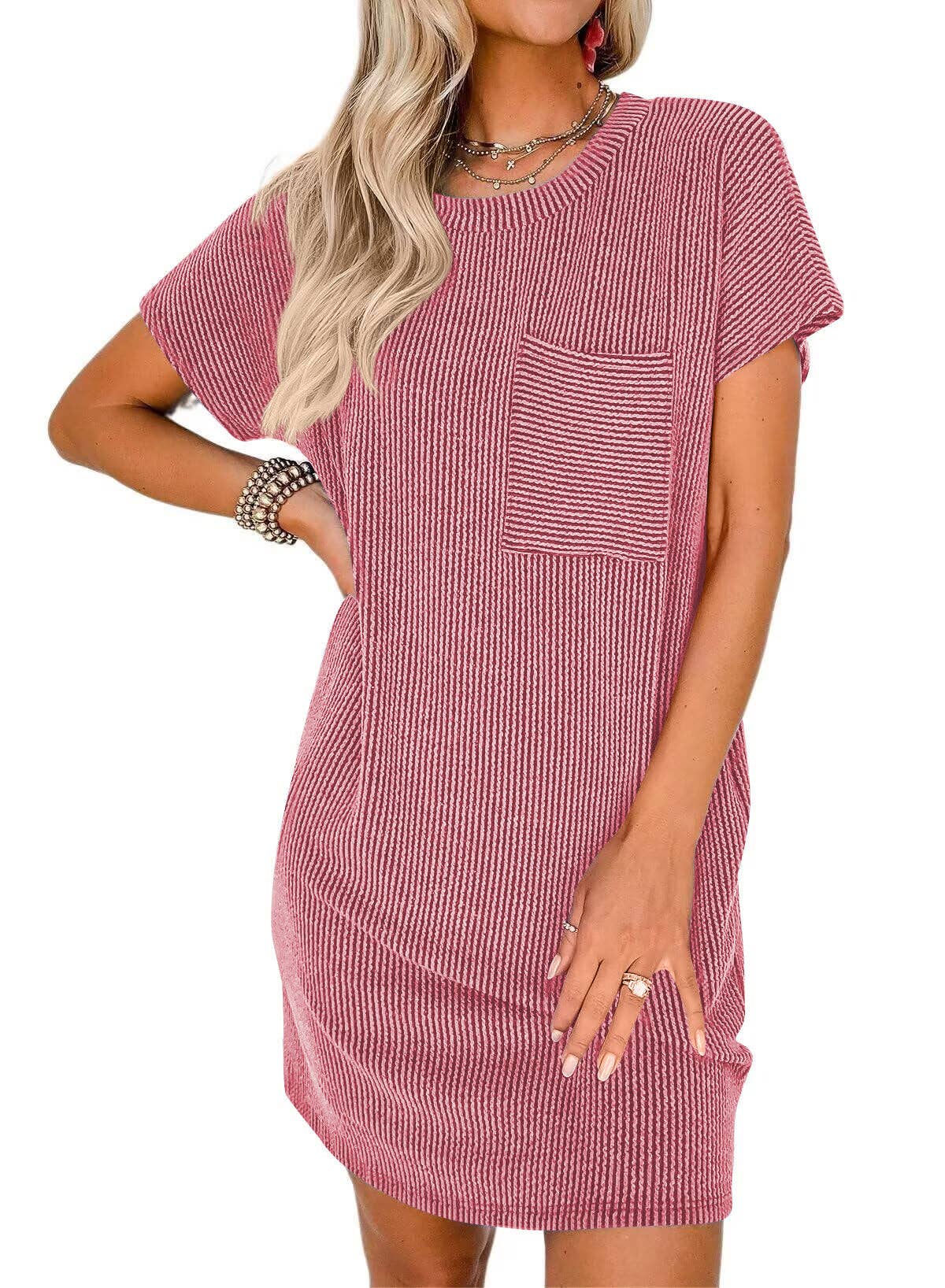 Summer Casual T-shirt Short-sleeved Dress (With Pockets): Royal blue / 65%Rayon + 35%Polyester / S