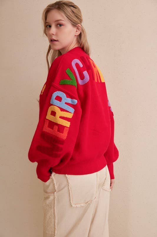 OVERSIZE Christmas Sweater with Lettering: Ivory-Multi / M