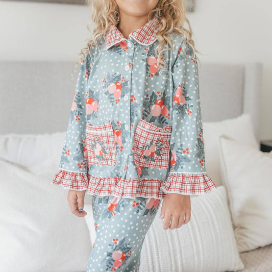 Kids Holly Berry Pocket Button Christmas Lounge Play Set: 10/12