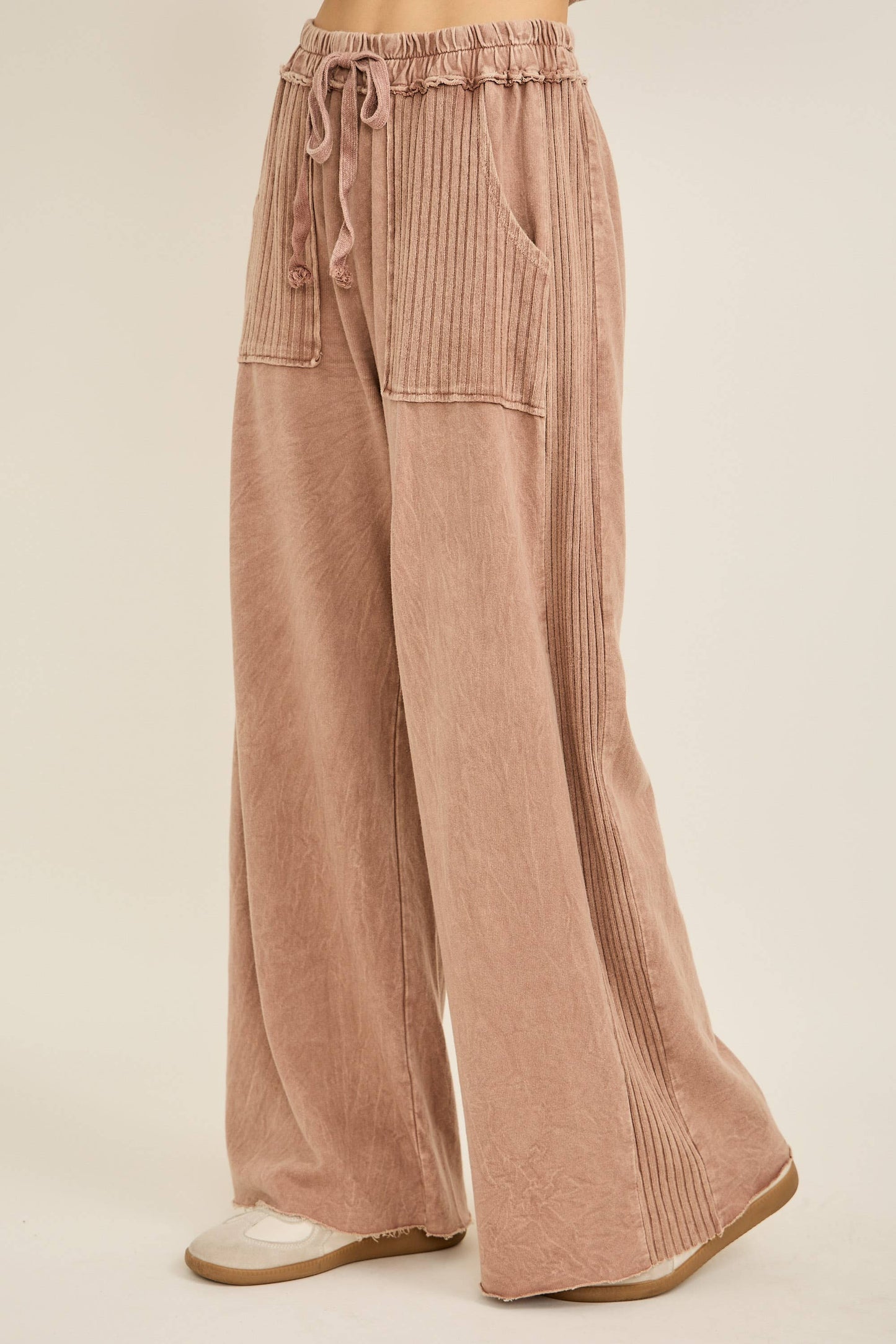 Mineral Wash Side Knit detail wide leg pants HE5878P: Midnight Green / S-M-L / 2-2-2