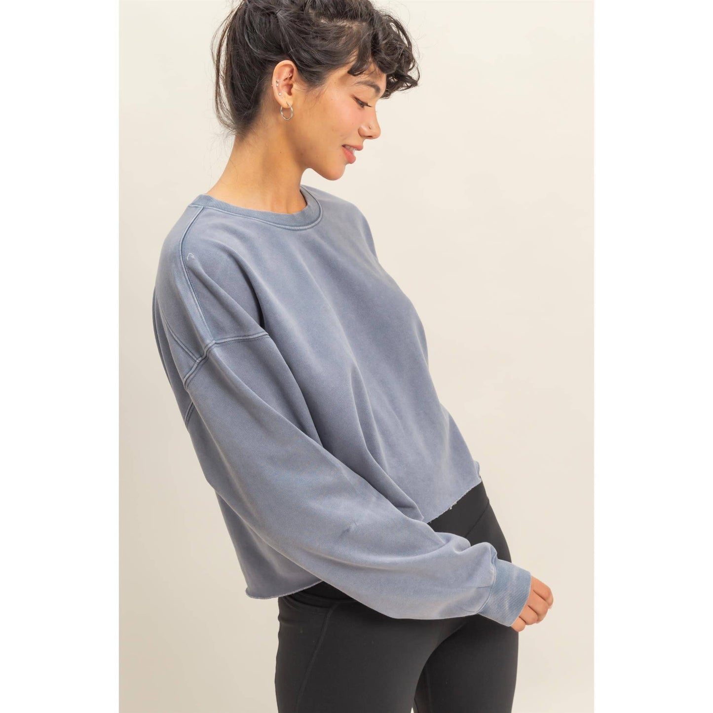 Cropped Crewneck Sweatshirt With Oversized Sleeves: DUSTY NAVY / S-M-L(2-2-2)